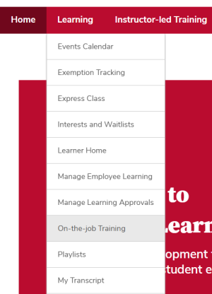 the learning menu expanded with on the job training circled