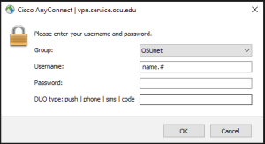 Cisco anyconnect log in screen asking for username and password with Duo Type