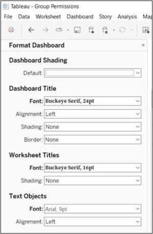 Formatting panel with options for dashboard shading, dashboard title, worksheet titles, and text objects
