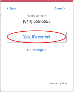 button to confirm phone number as correct is highlighted