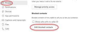 Teams privacy settings with the Edit Blocked contacts button highlighted