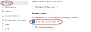Teams privacy settings showing a checked box to Block Calls with no caller ID