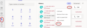 Call History window with the options menu opened and block highlighted in the menu