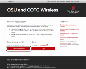 COTC Captive portal first window showing configure your device button highlighted