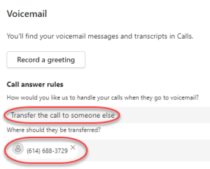 Voicemail window with transfer the call and the phone number to transfer to highlighted.