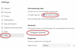 M365 - Settings window open with calls selected. Forward calls and configure voicemail options highlighted