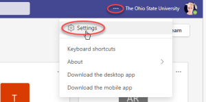 Teams web interface with the options menu open