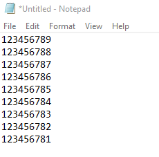 Screenshot of Notepad with list of ID numbers