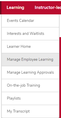 the learning menu with the manage employee learning option highlighted