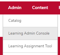 the admin menu expanded with the learning admin console option highlighted