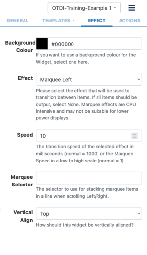 text widget properties to set things such as background color, transitions and speed