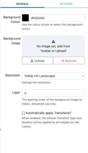 Layout properties window with settings such as background color, background image, resolution and transitions