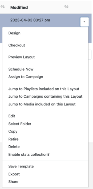 Layout menu for a specific row open and displayed