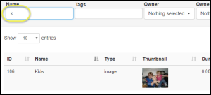 Media search results screen looking for elements that start with the letter k