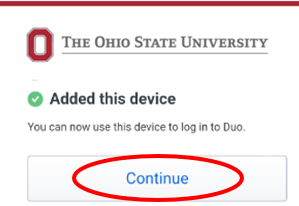 Image of Added this device Continue button