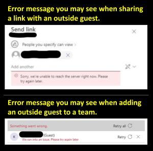 Screenshots of Microsoft sharing error messages