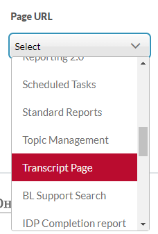 the Transcript Page option in the dropdown menu highlighted