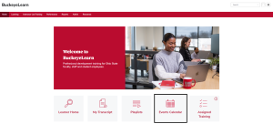 the BuckeyeLearn homepage with the Events Calendar button circled