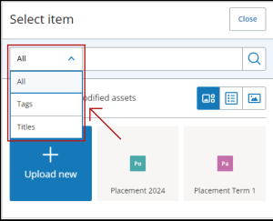 In PebblePad, a drop down menu appears next to the search bar. Selecting "Tags" from that menu allows you to search specifically for tags.