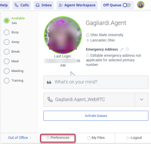profile panel with the preferences button highlighted