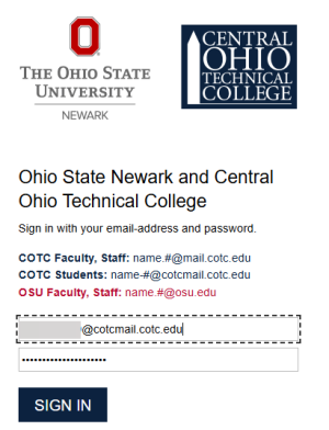 Branded log in screen for OSU Newark and COTC