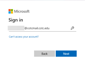 Microsoft branded log in screen with COTC email address in the username field