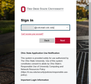 OSU branded log in screen