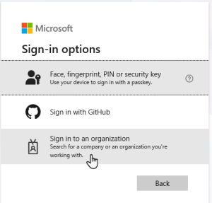 Sign in to an organization option highlighted in the log in screen