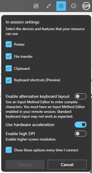 In Session settings menu allowing the ability to turn on or off features and devices
