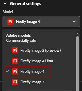 Firefly Adobe Model settings with Firefly Image 4 highlighted