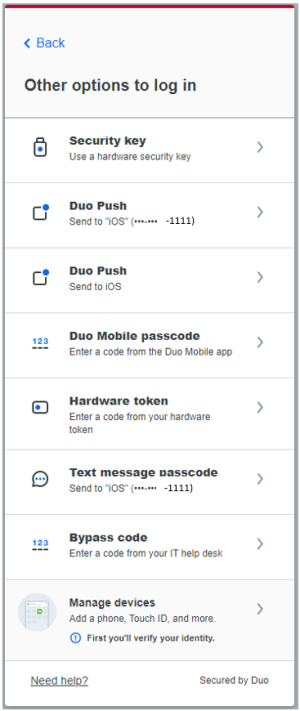 List of the other options for authenticating