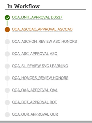 Workflow status diagram showing approval stages with a vertical timeline. The first stage, "OCA_UNIT_APPROVAL D0537," is marked complete with a green check, the second stage, "OCA_ASCCAO_APPROVAL ASCCAO," is in progress with a orange circle, and remaining stages are pending with gray circles and text.