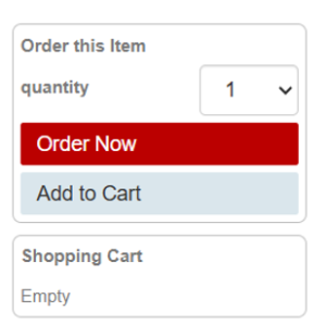 Screenshot of an interface showing an order section with a quantity dropdown set to 1, a red "Order Now" button, and a gray "Add to Cart" button. Below, a shopping cart section displays the status as "Empty," indicating no items have been added yet.