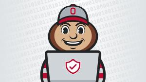 Brutus Buckeye using a laptop