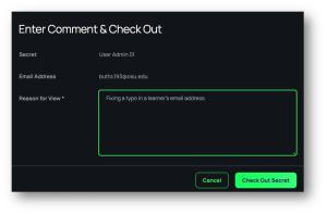 Screen that displays when you click an Available User Admin account which tells you that you must comment and check out