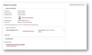 Learner profile page which shows full name, display name, sortable name, profile picture, default email, time zone, login information, and enrollments