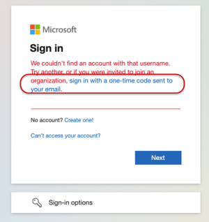 Account not found message with link highlighted