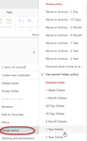 Action menu for a folder open with Assign Policy and the submenu open