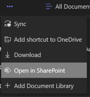 Open in sharepoint selected inside the action menu
