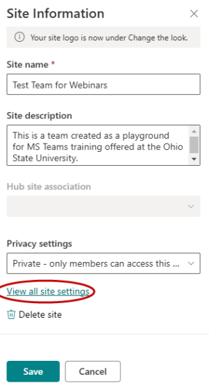 View all site settings highlighted in the panel