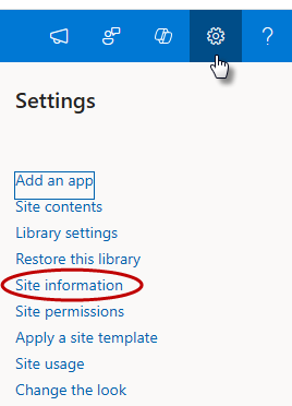 Site information selected in the gear menu