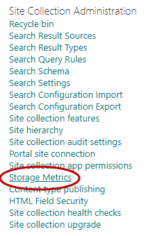 Storage metrics highlighted in the menu