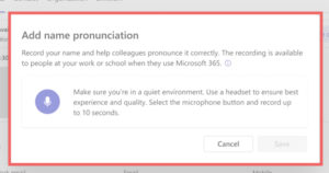 Screenshot of instructions:Select the icon again to stop the recording. You can choose to save, preview, or retake the recording. Once you save, your profile card is updated immediately.