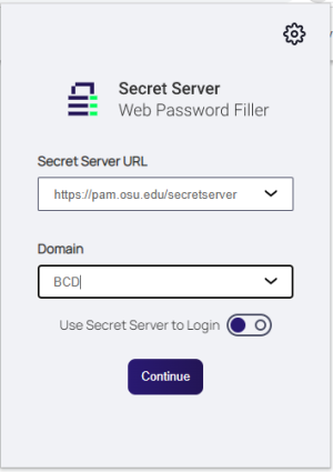 Secret Server Web Password Filler screen with the secret server urls and domain