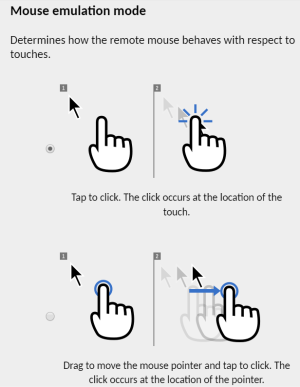 Mouse emulation mode with tap to click or click and drag as options