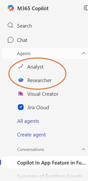 Microsoft menu showing Researcher and Analyst menu buttons