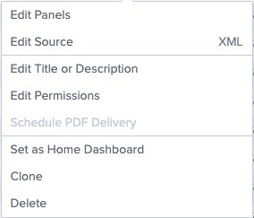 Actions menu for the dashboard