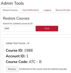 Restore Courses tab in ScarletCanvas with a field to search for a deleted course by ID and a Find button