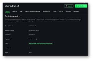 Basic Information on User Admin account that was checked out, including User Admin number, Secret Templat, Username, Password, URL, Metadata, and Notes