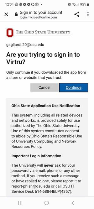 Log in confirmation screen